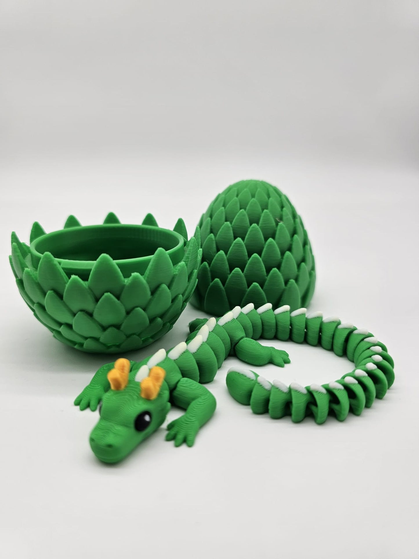 Dragon Articulat cu Ou - Jucarie Flexibila - 20cm Lungime Verde/Alb