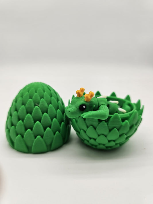 Dragon Articulat cu Ou - Jucarie Flexibila - 20cm Lungime Verde/Alb