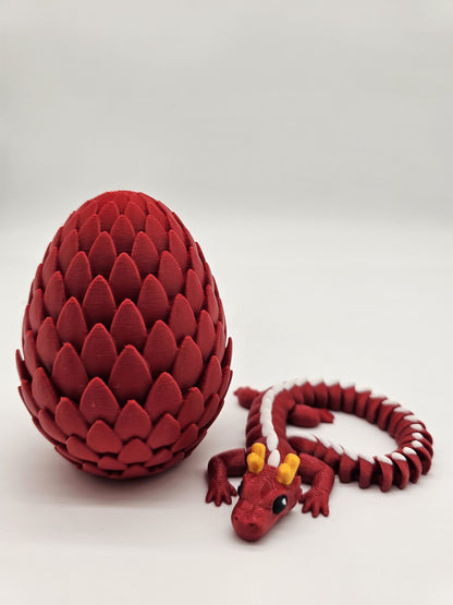 Dragon Articulat cu Ou - Jucarie Flexibila - 20cm Lungime Rosu/Alb