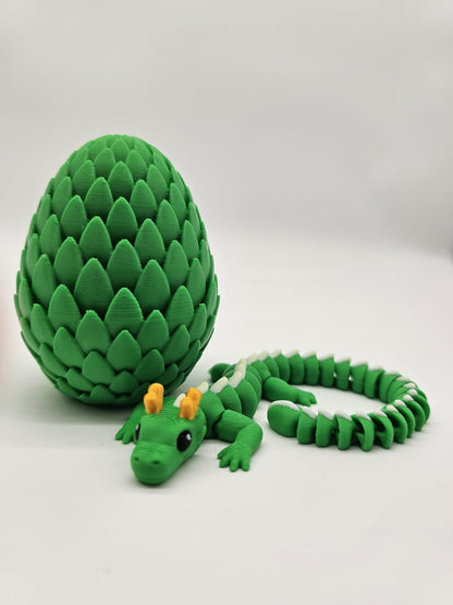 Dragon Articulat cu Ou - Jucarie Flexibila - 20cm Lungime Verde/Alb